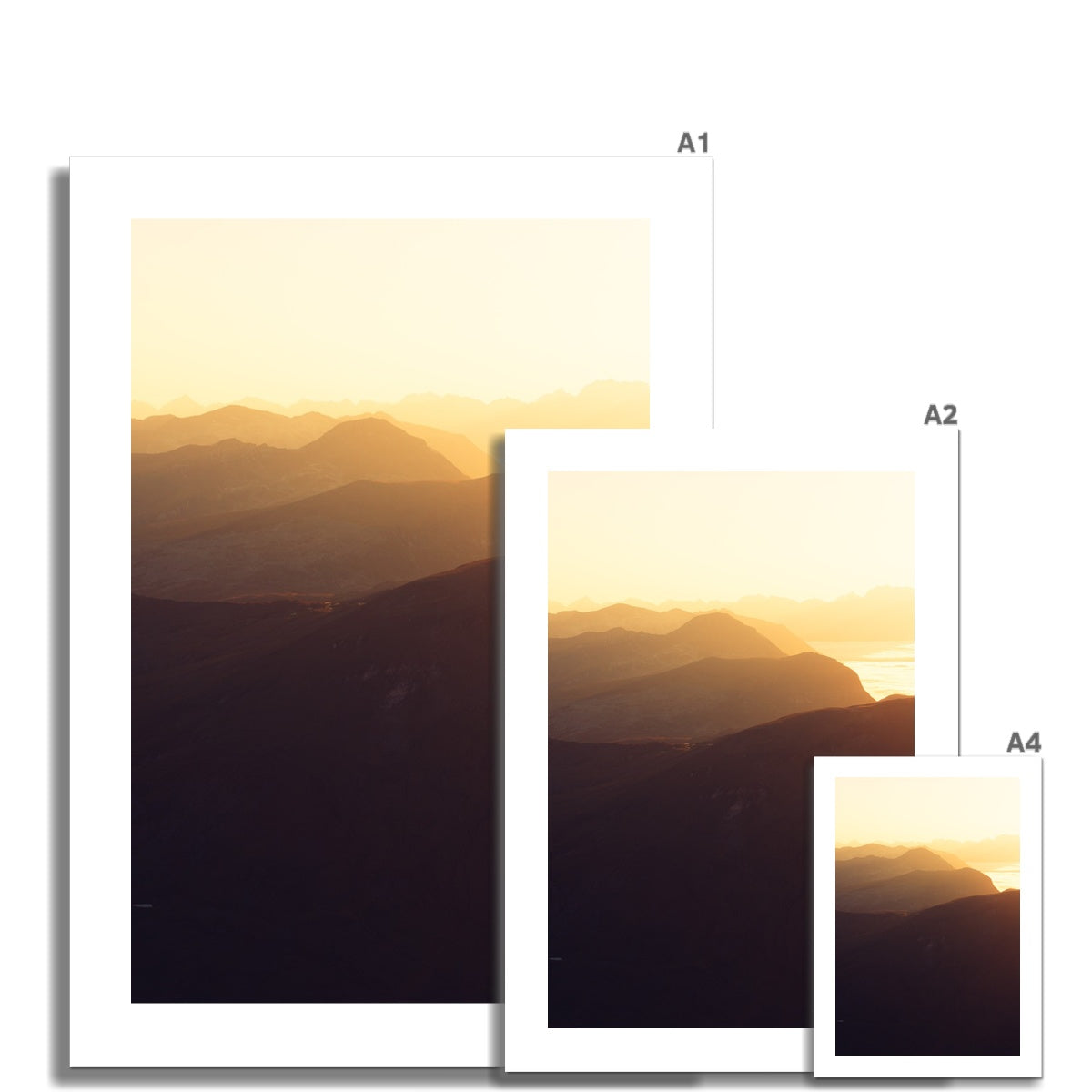 Midnight Sun Fine Art Print, mountains bathing in the midnight sun, Tromso, Nortern Norway, picture of the different print sizes compared