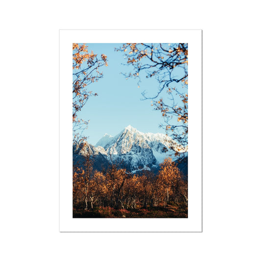 Store Jaegervasstinden Fine Art Print, snowy mountain and orange colored leafs, fall in Lyngen, Tromso, Northern Norway, picture of the print